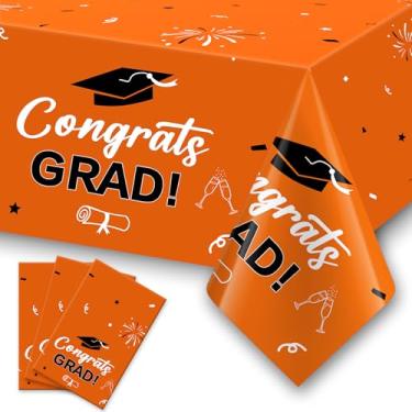 Imagem de Toalha de mesa de formatura laranja e preta Class of 2025, pacote com 3 toalhas de mesa de formatura laranja 137 x 274 cm, decoração de festa de formatura de plástico para decoração de formatura de