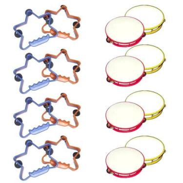 Imagem de Kit 16 - 8 Pandeiros Estrela + 8 Pandeirinho Liso Infantil De Brinqued