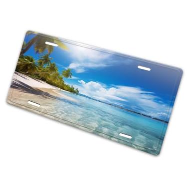 Imagem de Capa de placa de licença estilo praia de verão com planta tropical de coqueiro - etiqueta de carro artística de alumínio, à prova de ferrugem, design exclusivo - 15 x 30 cm