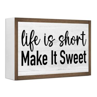 Imagem de Life is Short Make it Sweet Wooden Box Sign Desk Decor, rústico Farmhouse Love Sign Bloco de madeira para casa, quarto, prateleira, mesa, decoração de parede