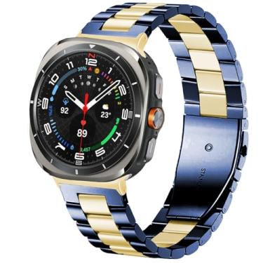 Imagem de SPINYE Pulseiras de relógio compatíveis com Samsung Galaxy Watch Ultra de 47 mm, pulseira de metal de aço inoxidável sólido para Galaxy Watch 7 Ultra de 47 mm (2024) feminino e masculino, azul/dourado