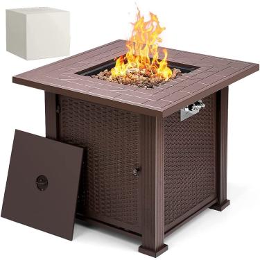 Imagem de SINGLYFIRE Mesa quadrada 2 em 1 para lareira de propano de 71 cm com tampa, tampa e pedra vulcânica de 3 kg, mesa de lareira a gás para pátio externo, jardim, quintal, deck, marrom