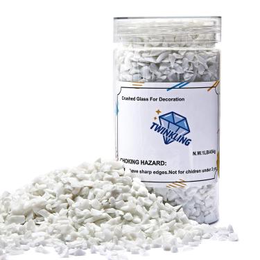 Imagem de TWINKLING Brilho de pedra de cascalho de vidro de fogo de alto brilho, vidro quebrado, lascas de pedras de fogo, vidro triturado para artesanato em fogueira, decoração de jardim de aquário, 3-6 mm, jarro de 453 g (porcelana branca)