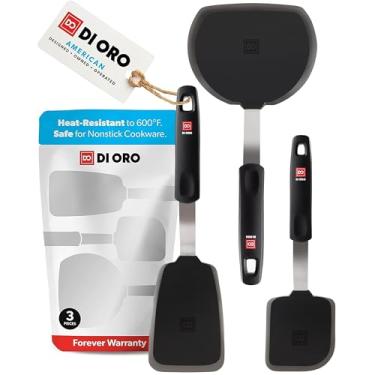 Imagem de Espátulas DI ORO para uso na cozinha – Garantia eterna °C °C de silicone resistente ao calor – Conjunto de espátulas giratórias para cozinhar – Espátulas largas para panquecas livres de BPA – Flippers