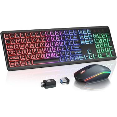 Imagem de Combo de teclado e mouse sem fio – impressão grande, retroiluminação RGB, letras de tamanho grande, recarregável, perna inclinada ergonômica, modo de suspensão, mouse de teclado silencioso de 2,4 GHz