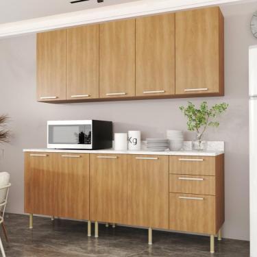 Imagem de Cozinha Compacta 4 Peças Com Armário E Balcão Com Tampo Multimóveis Cr20448 Freijó Mármore Branco