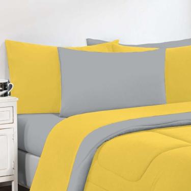Imagem de Kit Edredom + Jogo De Lençol Malha 100% Algodão Gran Moratta 7 Peças King - Amarelo-cinza