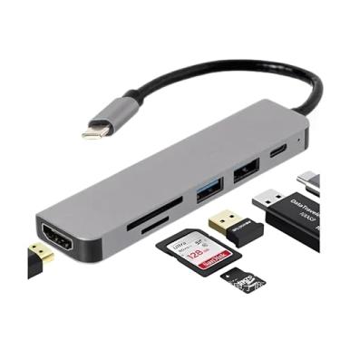 Imagem de Hub USB-C 6 em 1 com HDMI 4K, USB 3.0, Leitor SD/TF e PD 60W – em Alumínio, Compatível com Diversos Aparelhos