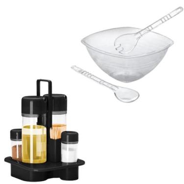 Imagem de Kit Galheteiro De Mesa Preto + Kit Saladeira Acrílica 4,5L - Delta Úti
