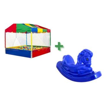 Imagem de Kit piscina 2x2 premiun colorida + gangorra cavalinho azul super diver