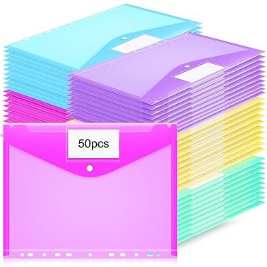 Imagem de 50 peças de bolsos para fichário de plástico para fichário de 3 anéis, pastas de fichário, 11 furos, botão de encaixe, bolsa com etiqueta expansível para fichário expansível para 2/3/4 anéis, arquivo de documentos em casa, escritório, escola