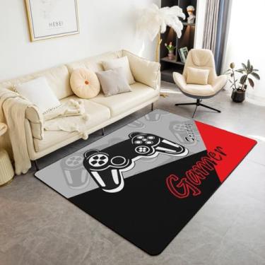 Imagem de Tapete de área de jogador Tapete para jogos 1,52 m x 1,8 m tapete para sala de estar, quarto, decoração de sala de jogos, vermelho, cinza, preto, tapete decorativo, antiderrapante, moderno, console de jogos, controle de área, corredor, tapete