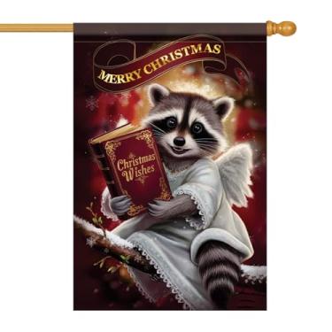 Imagem de Starlit Patio Merry Christmas Guaxinim Angel House Bandeira 71 x 101 cm Feriado Inverno Jardim Bandeira Dupla Face Outdoor Yard Banner Varanda Gramado Decoração de Natal Festiva Sinal de Casa Sazonal