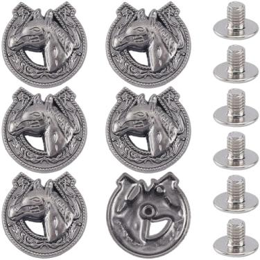 Imagem de CRASPIRE 1 caixa 8 conjuntos de botões de cabeça de cavalo de parafuso traseiro liga de metal vintage punk cowboy ocidental em forma de ferradura rebites de couro decorativos fivelas para artesanato