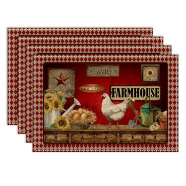 Imagem de Conjunto de 4 jogos americanos de galo, 30,5 x 45,7 cm, retrô, casa de fazenda, prancha, de madeira, girassol, country, retrô, xadrez, para festas, cozinhas, jantares, decoração