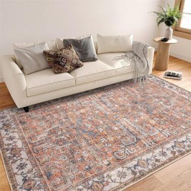 Imagem de ESSMOKO Tapetes tapete turquesa persa para casa, sala de estar, quarto, mesinha de cabeceira, lavável à máquina, vários tamanhos, laranja retro, 90 x 150 cm