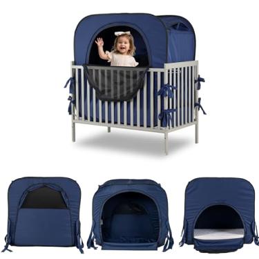 Imagem de Barraca de cama com privacidade para bebês, capa de barraca de berço para crianças, bloqueia 90% de luz com monitor e design de bolsa de ventilador com portas com zíper, janelas de malha respirável