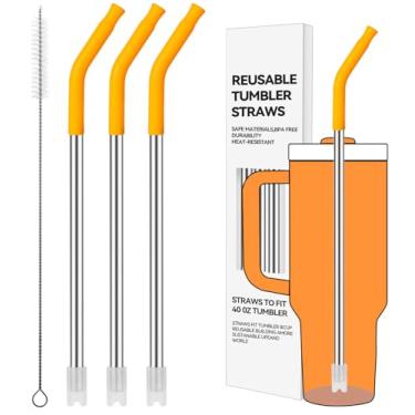 Imagem de Prurex Canudos de metal reutilizáveis com ponta de silicone para Stanley 1,134 g, canudos de aço inoxidável para copo de 1,134 g, 3 tubos retos e 6 pontas e 1 escova Cleanr (Goldenrod)