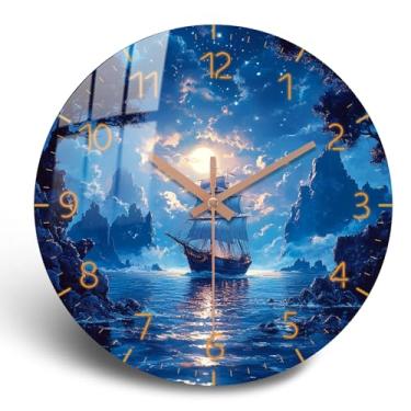 Imagem de PENGHONG Relógio de parede costeiro extra grande decoração de barco à vela relógio de parede azul 50 cm relógios redondos silenciosos de madeira para sala de estar, escritório funciona com bateria