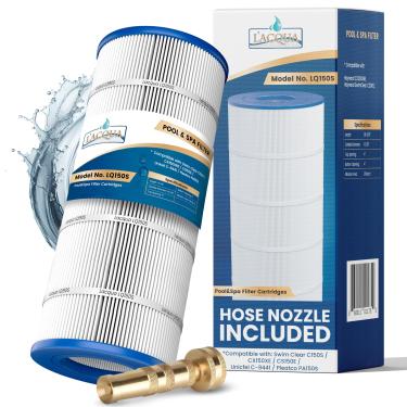 Imagem de LACQUA Cartucho de filtro de piscina LQ150S 150SqF para Hayward SwimClear C150S, CX150XRE, CS150E, Unicel C-9441, Pleatco PA150S, Ultral-D4. Bocal de mangueira incluído