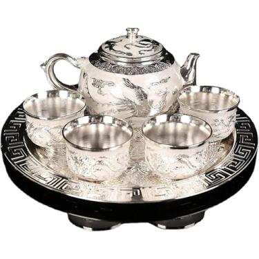 Imagem de Conjunto De Chá De Prata De 6, Feito à Mão E Dragão Chinês E Fênix Conjunto De Chá/vinho Iludes Bule Xícaras De Chá