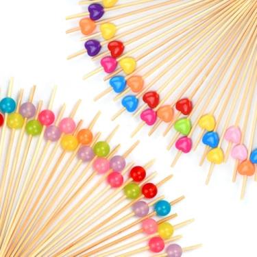 Imagem de Palitos de coquetel, pacote decorativo com 200, espetos de bambu de 12 cm com corações divertidos e enfeites de contas para aperitivos de festa, frutas, bebidas (corações + contas)