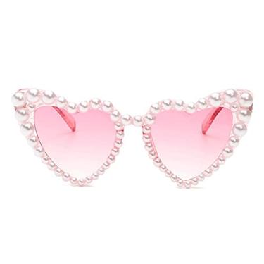 Imagem de COTIA Óculos De Sol Luxuosos E Brilhantes Com Pérolas Corações, Estilo Casual Brilhante (Rosa)
