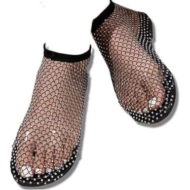 Imagem de Sapatos De Malha Sapatos Elegantes Para Mulheres Sapatos De Rede Elásticos Brilhantes Glitter Stretch Shiny Gem Mesh Flats Shiny Stylish Flats, Black, US10/EU42