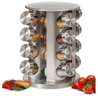 Imagem de Porta Temperos Giratório Inox Vidro 16 Potes Condimentos Organizador Cozinha Moderno