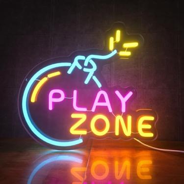 Imagem de Placa neon Play Zone para decoração de parede, luz néon bomb gamer para homem caverna, placa LED com interruptor de regulação para meninos, crianças, sala de jogos de adolescentes, quarto, decoração