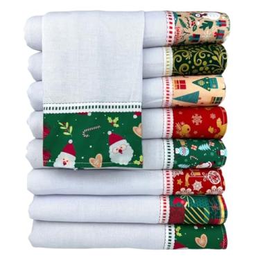 Imagem de Pano De Prato 100% Algodão Com Barrado De Tricoline Com Estamaps de Natal - Kit Com 10 Peças