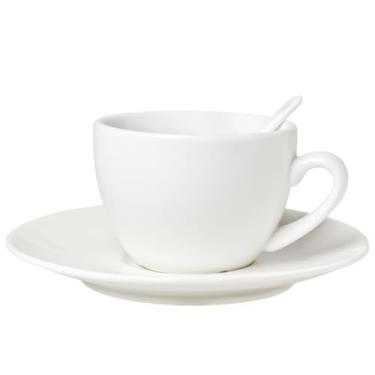 Imagem de HAOTOP Xícara de café de cerâmica com pires e colher, caneca de café com alças para café, chá, cacau quente, leite. Seguro para micro-ondas e lava-louças, perfeita para cozinha familiar. 8 cm C x 6 cm