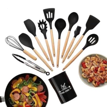 Imagem de Kit Utensílios de Cozinha 12 Peças Silicone Resistente ao Calor com Cabos De Madeira, Antiaderrente, Elegante E Funcional, Jogo de Talheres Premium