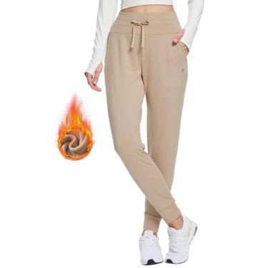 Imagem de Calças femininas BALEAF, forradas de lã, resistentes à água, cáqui XXL