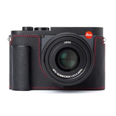 Imagem de Capa para câmera Q3 vintage de couro genuíno feita à mão com placa de base de alumínio para Leica Q3 (preta - textura PalmSwell linha vermelha)
