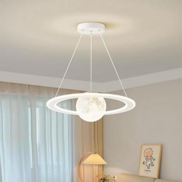 Imagem de Lustre moderno criativo lua planeta lustre 1 anel 50W regulável LED crianças lustre para quarto impressão 3D lua bola branco pingente luminárias para sala de jantar luz de teto