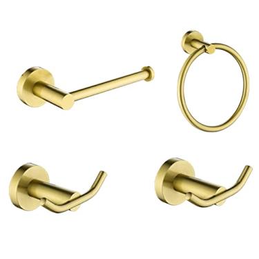 Imagem de Acessórios de banheiro dourado escovado, toalheiro, escova de vaso sanitário, suporte de papel, barra de toalha, gancho de barra de saboneteira, prateleira de parede, saboneteira (conjunto completo 06