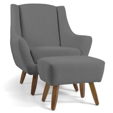 Imagem de Poltrona Decorativa Fixa com Puff Pés de Madeira Juliet D02 Linho Cinza C-416 - Lyam Decor