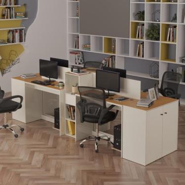 Imagem de Estação De Trabalho 4 Lugares Office Tech 4 Mesas 2 Armários - Off White E Cedro Off White E Cedro
