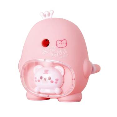 Imagem de GZBABY Apontador de lápis manual, apontador de lápis de manivela com função de alimentação automática, formato de tigre espacial fofo (rosa)