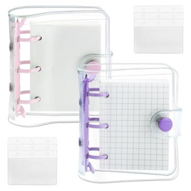 Imagem de YETOOME Pacote com 2 mini capas transparentes para fichário de 3 anéis com mini fichário interno de papel e bolsos transparentes e macios de PVC com fecho de caderno de folha solta pasta de anel redondo protetor de fichário com botão de pressão