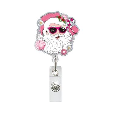Imagem de Suporte de crachá de Natal QUNQINLI Carretéis de crachá de Natal Clipe de identificação para enfermeiras de enfermagem rosa fofo porta-crachás de identificação de Papai Noel retrátil clipe de jacaré