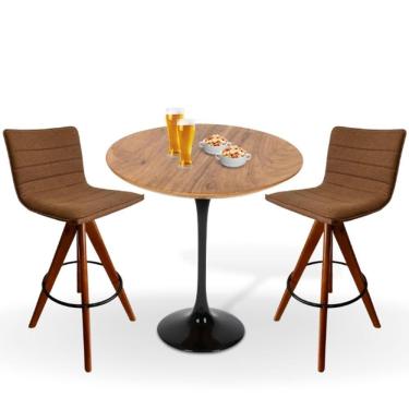 Imagem de Conjunto Mesa Bistrô Saarinen 70 Cm Tampo Antíqua Base Altura 105 Cm Preta + 2 Banquetas Cercatto Giratória Cor Marrom