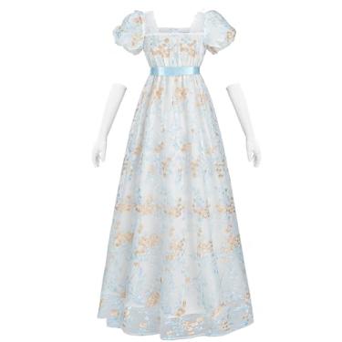 Imagem de NSPSTT Vestidos Dourados Da Regência Para Mulheres, Tamanho Grande, Vestido De Baile Vitoriano Com Luvas Brancas Longas, Azul, Gg