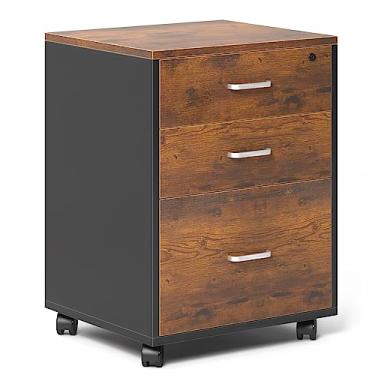 Imagem de Need Armário de arquivo móvel de madeira com 3 gavetas com trava, armário de arquivo com rolamento para carta/tamanho A4 para escritório em casa, marrom rústico ND-10CZLXFC04FG