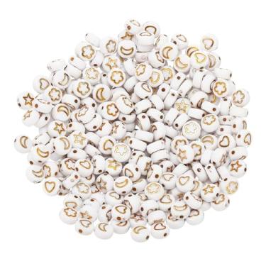 Imagem de Generic 500 peças de contas de acrílico branco, estrela, lua, coração, flor, 7 x 4 mm, disco redondo plano, contas de pônei, com padrão dourado para fazer joias, colar de pulseiras da amizade DIY