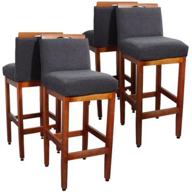 Imagem de Kit 4 Banquetas Altas 75cm Madeira Maciça Eucalipto Estofada Tecido Li