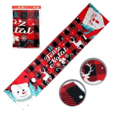 Imagem de Caminho de Mesa Natalino Xadrez, Decorativo para Natal, Vermelho e Preto, 180 x 33 cm, com Estampas de Enfeites de Neve e Renas, Tecido Buffalo Check