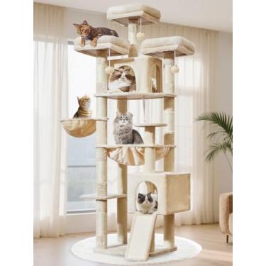 Imagem de Taoqimiao Árvore para gatos de 196 cm com postes para arranhar, torre de gato 2GG para gatos grandes com tábua de arranhar, rede de metal extragrande, 3 poleiros, 2 condomínios grandes, cesta suspensa