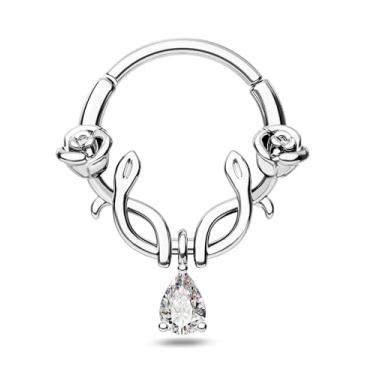 Imagem de CM Crareesi Mania Anéis de septo pendurados, joia de piercing de septo rosa 16G, argola de nariz de septo de aço cirúrgico 316L para mulheres, joias de piercing de cartilagem de hélice, Metal